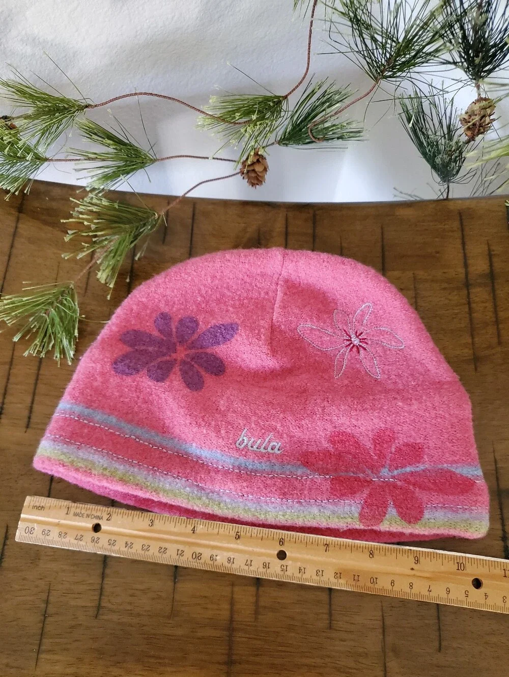 Bula Vintage Wool Exterior Fleece Lined Pink Flower Beanie Hat